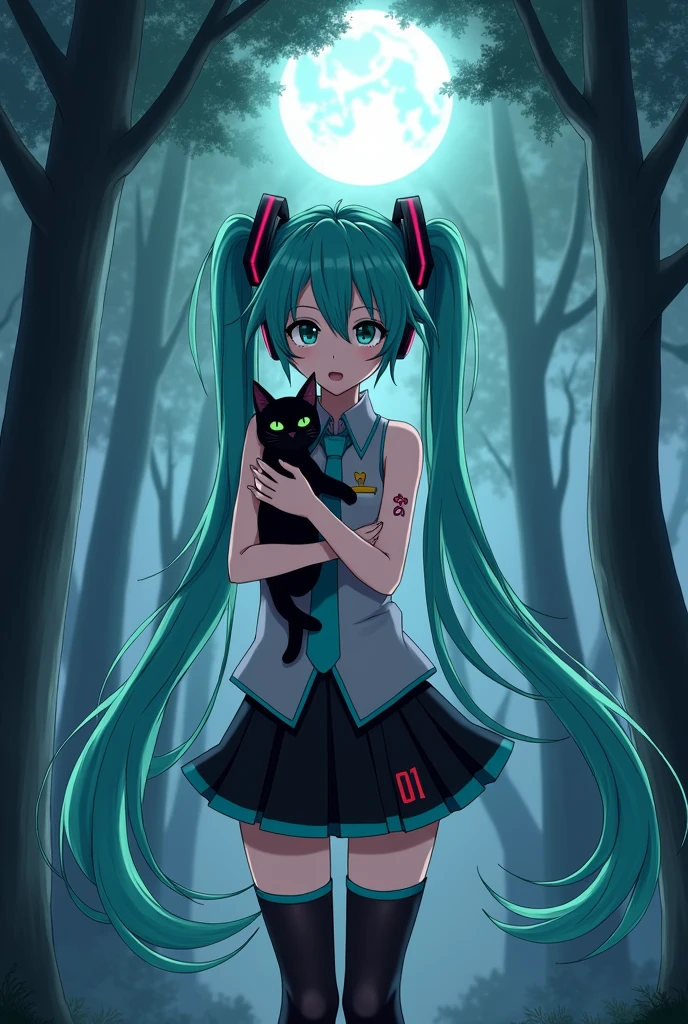 Anime art, anime style, detailed drawing, beautiful forest background background, high definition, high quality, one girl, solo, Hatsune Miku, aqua hair, twin tails, headphones, small number tattoo "01" (red, located on her right hand), grey sleeveless collared shirt, black detached sleeves with aqua lines, five fingers with aqua nails, aqua necktie, black pleated mini skirt with aqua lines, zettai ryouiki, thigh-high black boots with aqua lines.

Get example from this image: https://vocaloidespanol.fandom.com/es/wiki/Hatsune_Miku?file=Hatsune_Miku.png

Miku Hatsune hugging a black cat in the night; there is witch woman following her behind
