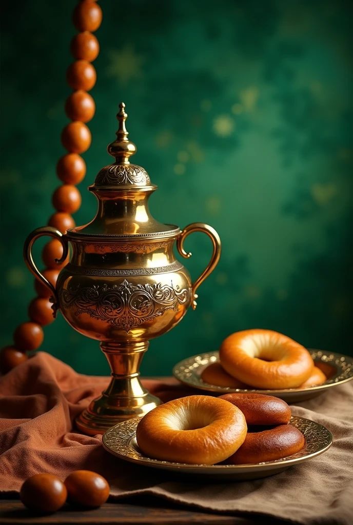 A samovar in the center with a string of bagels hanging from it, next to a plate of bagels on a green background photo, 4k