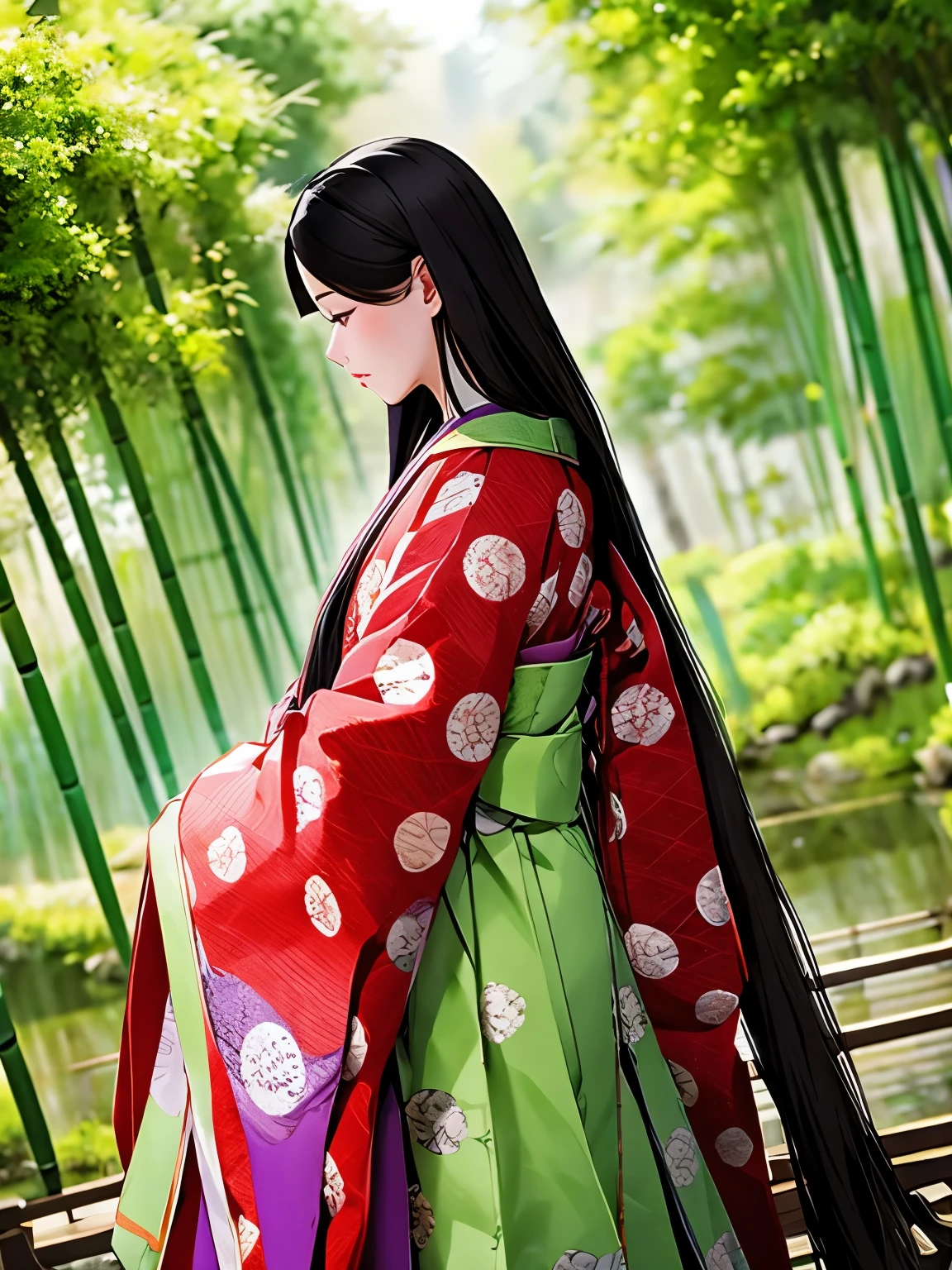 (A scene of a bamboo forest with a fantastical atmosphere;1.2)、(Bamboo forest obscured by morning mist:1.2)、(Blur the background:1.2)、 Princess Kaguya、One person, junihitoe, alone, Very long black hair, Purple and Red Tangyi, Purple and red hakama, Holding Hiogi、Sleeve Cuff Precise Depiction、(Highest quality、masterpiece)、4K、wallpaper、