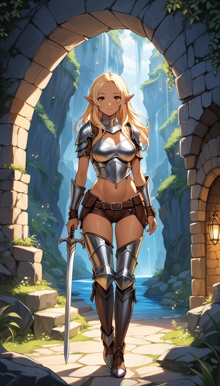 best quality, masterpiece, newest,
(1girl, elf girl, (tiny, short:1.35), medium breasts), (dressed in full body leather armor, rogue armor outfit, leather jacket, leather pants), detailed eyes and face, beautiful detailed eyes, brown eyes, blonde hair, flowing hair, long hair, shining hair, dark tanned skin, standing inner cave entrance), BREAK
(medium wide shot), (dynamic perspective), sharp focus , (depth of field, bokeh:1.3),
(medieval, fantasy dungeon cave entrance, cowboy shot, side shot, holding daggers, evening, night time, fireflies)