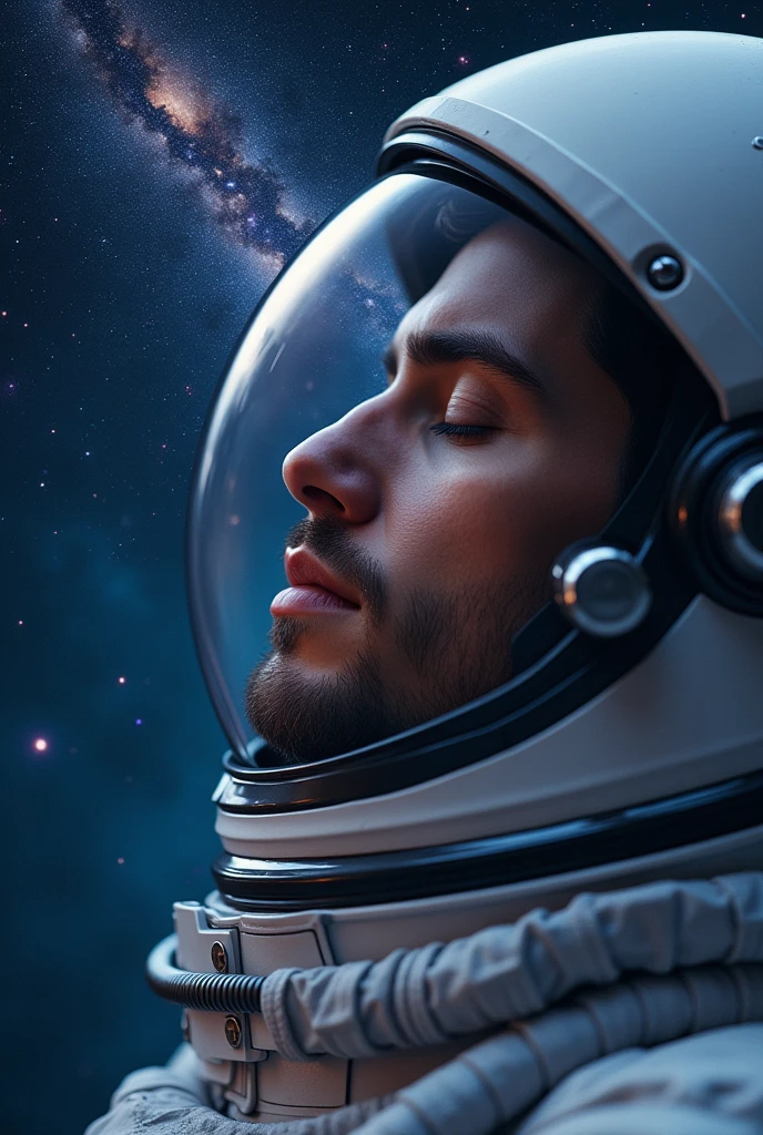 Male astronauts,Head close-up,front,In the center,Close your eyes and meditate,with the Milky Way in the background,Wallpaper Art, Ultra HD Wallpaper,Science Fiction,magic,role conception