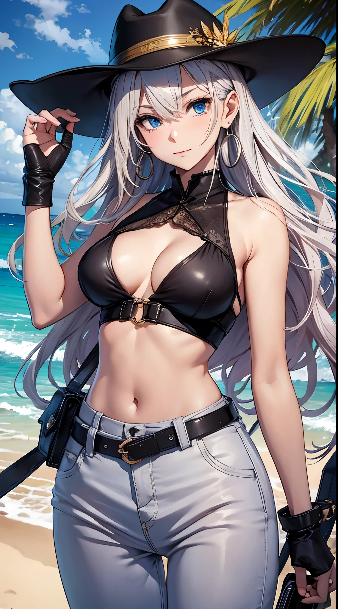 最high quality、Best image quality、masterpiece、and((18-year-old、 White tank top、Black vest、Blue long pants、Best Bust、Bust 85、Blonde、semi-long、Cowboy hat、blue eyes、Open your chest wide、valley、happiness、Slender、Embarrassed face、Gold earrings、Silver key holder on waist.、Seductive Pose、Extend your hand up))high quality、Beautiful art、background((Beautiful sunny beaches in Hawaii))、Tabletop、Exquisite design、Visual Arts