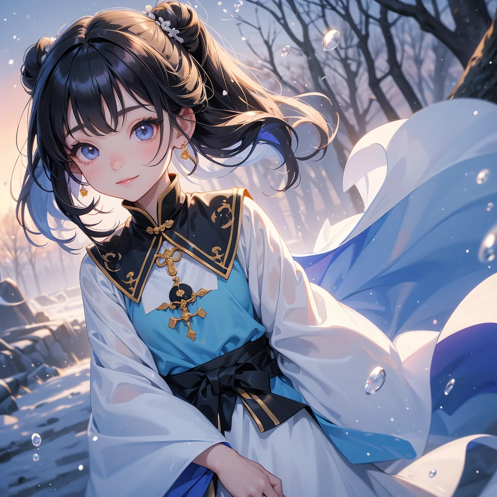 A chibi child girl had a small face and Wearing blue little Taoist priest's outfit. A pair of big round eyes shone with curiosity about him. This child was so cute! , raindrops are falling down, her hair is black with two buns on her hair.small chibi, chibi baby, smiling.
The little chibi baby looked up with his chest raised, and his face was old and proud.
Amidst the white snowy atmosphere, the snow is falling lightly, the trees are covered with white snow, sunset. Close up.