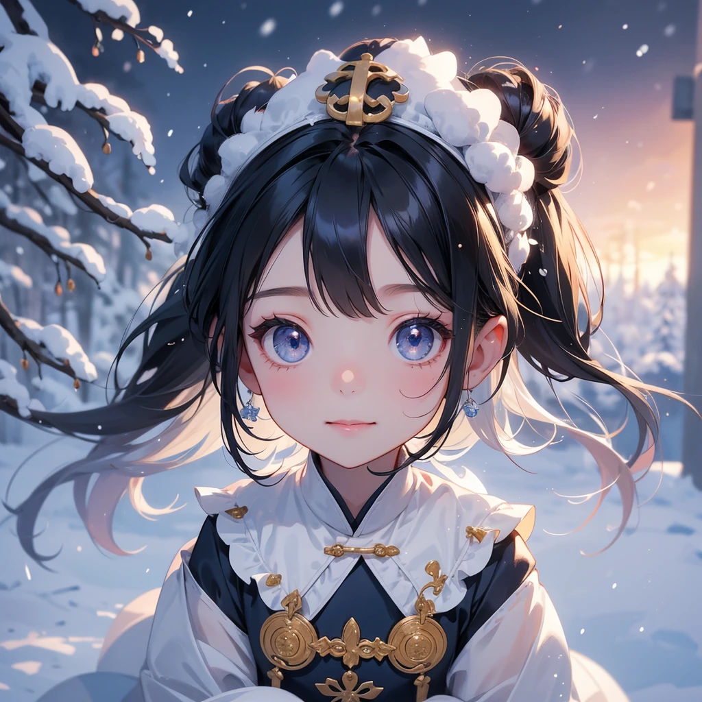 A chibi child girl had a small face and Wearing blue little Taoist priest's outfit. A pair of big round eyes shone with curiosity about him. This child was so cute! , raindrops are falling down, her hair is black with two buns on her hair.small chibi, chibi baby, smiling.
The little chibi baby looked up with his chest raised, and his face was old and proud.
Amidst the white snowy atmosphere, the snow is falling lightly, the trees are covered with white snow, sunset. Close up.