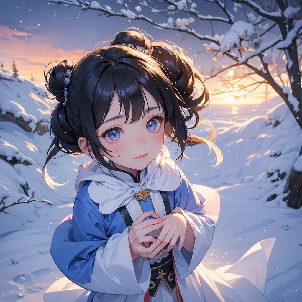 A chibi child girl had a small face and Wearing blue little Taoist priest's outfit. A pair of big round eyes shone with curiosity about him. This child was so cute! , raindrops are falling down, her hair is black with two buns on her hair.small chibi, chibi baby, smiling.
The little chibi baby looked up with his chest raised, and his face was old and proud.
Amidst the white snowy atmosphere, the snow is falling lightly, the trees are covered with white snow, sunset. Close up.