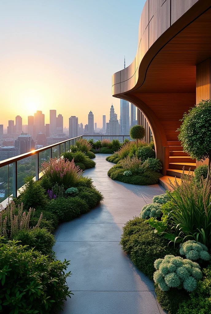 Modern rooftop garden with curves