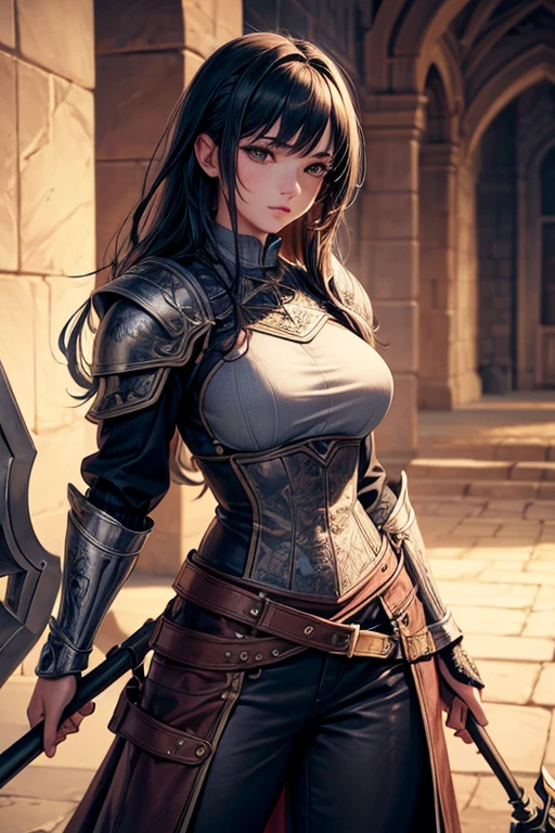 young adult girl, medieval adventurer, long pants, boots, light armor, scythe, gear and accesories,, sexi, medium breasts, , highly detailed, vibrant appearance, creative behavior, extremly detailed, imaginative, sensual, spontaneous, highest quality, skin texture, intricate details, (cinematic lighting), RAW photo, 8k, masterpiece,best quality,ultra-detailed,very detailed illustrations,extremely detailed,intricate details,highres,super complex details,extremely detailed 8k cg wallpaper,