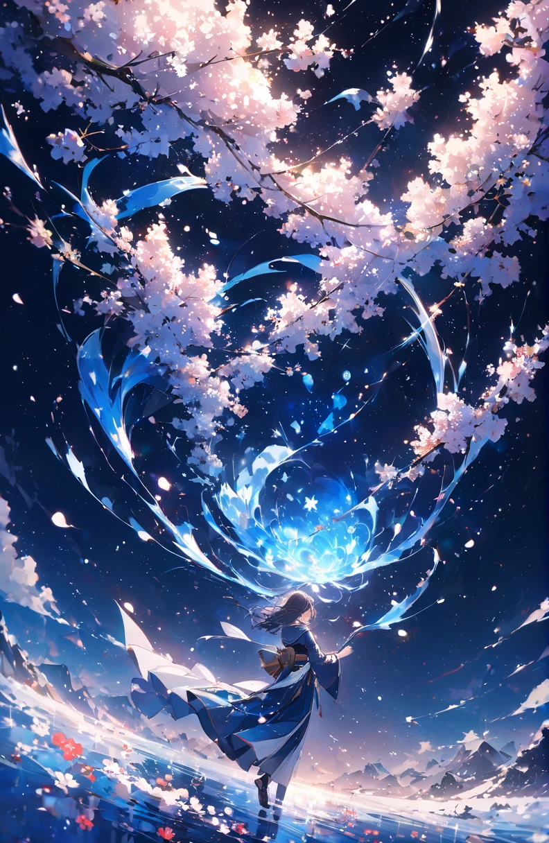 ((Ridiculous)),超high resolution, Attention to detail, high quality, high resolution, 最high quality, 4K, Plum blossoms in full bloom，Flying flowers and falling snow intertwined、Deep blue world、comprehensive, Deep blue toned artwork