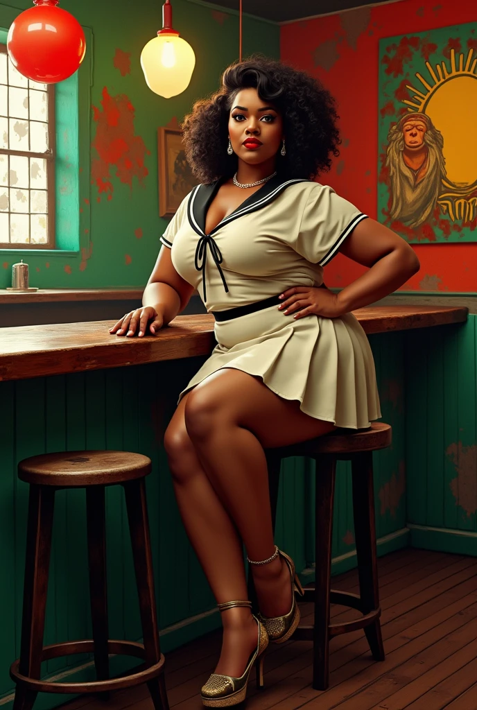 vectorial art, With a lot of Jamaican reggae, woman with big breasts, thin thighs and wide, Authentic Jamaican Reggae Music Atmosphere,colorful illustrations, At the center, swirly vibrant colors, paint splashes and smears, high détail, Full length portrait of a woman (styled in 1940, sailor dress, highy detailed: 1.3), (highy detailed face: 1.8), (1940s Pompadour Hairstyle: 1.3), (slenderbody, small hips: 1.5 ), (lying on the bar: 1.5), (background inside a , old big band bar from the 1940s: 1.4), (Soft studio lighting, volumetric shadows), JCH Street Pan, ISO 100, (photo color in black and white)