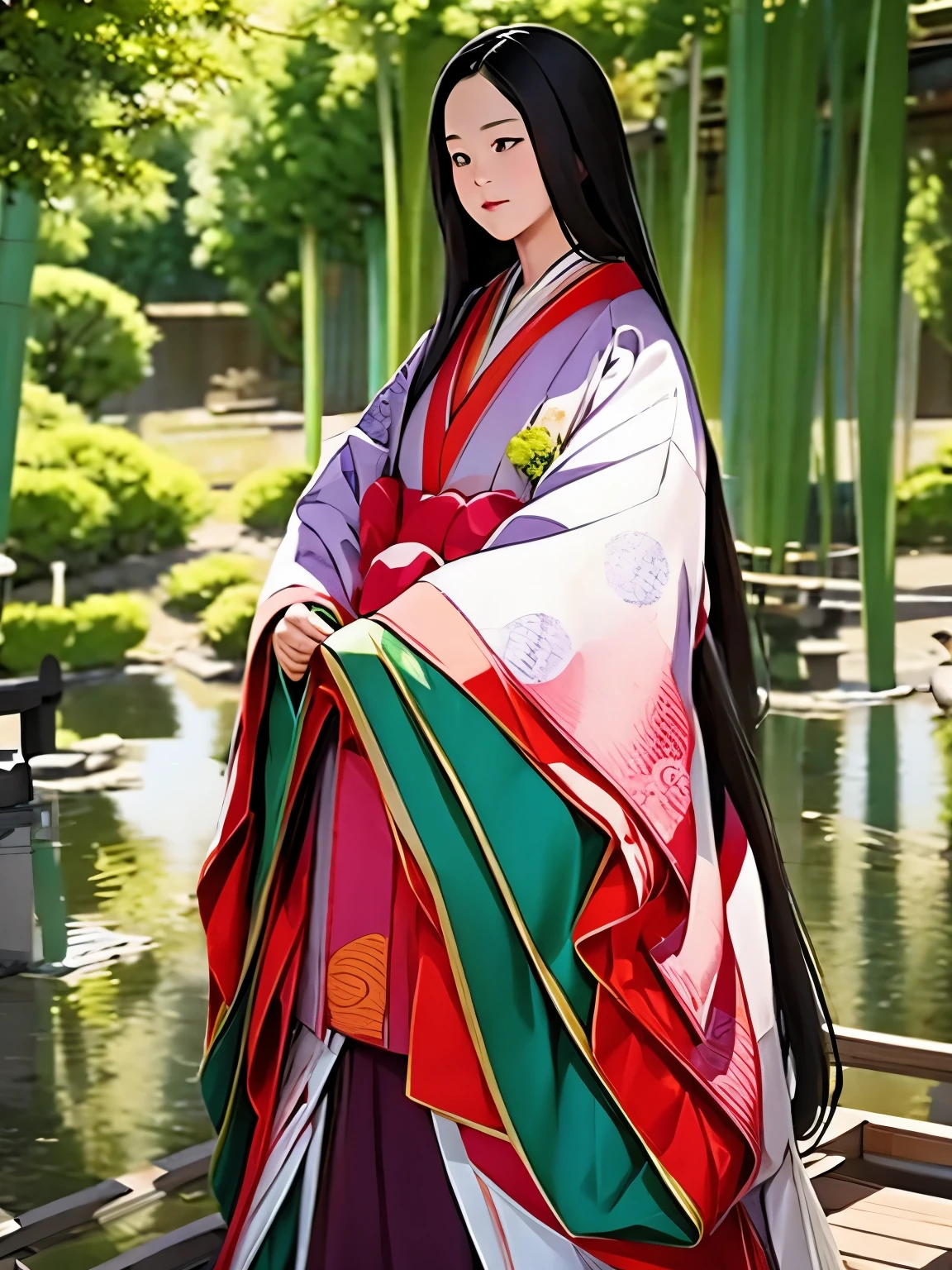 (A scene of a bamboo forest with a fantastical atmosphere;1.2)、(Bamboo forest obscured by morning mist:1.2)、(Blur the background:1.2)、 Princess Kaguya、One person, junihitoe, alone, Very long black hair, Purple and Red Tangyi, Purple and red hakama, Holding Hiogi、Sleeve Cuff Precise Depiction、(Highest quality、masterpiece)、4K、wallpaper、