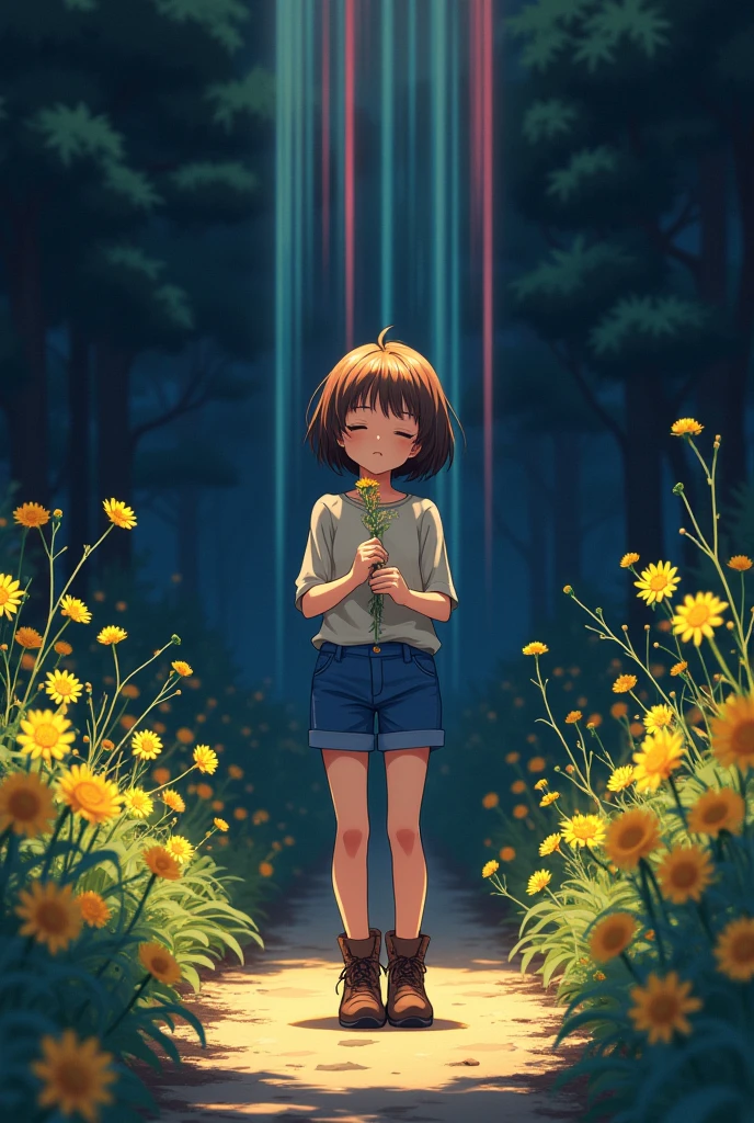 anime girl, having piece of tree branch, horizontal stripes of light blue and pink, blue shorts, brown boots, closing eyes, short brown hair, golden flower garden, dark place