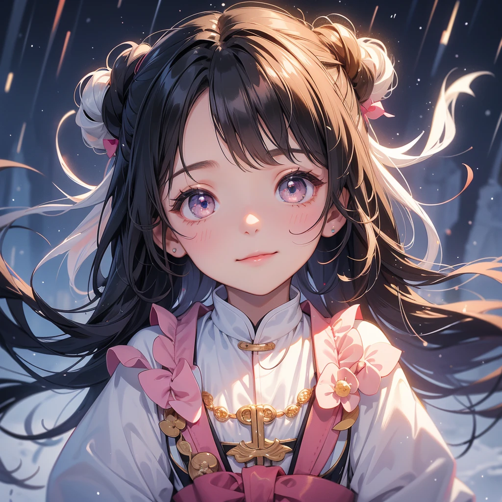 A chibi child girl had a small face and Wearing pink little Taoist priest's outfit. A pair of big round eyes shone with curiosity about him. This child was so cute! , raindrops are falling down, her hair is black with two buns on her hair.small chibi, chibi baby, smiling.
The little chibi baby looked up with his chest raised, and his face was old and proud.
Amidst the white snowy atmosphere, the snow is falling lightly, the trees are covered with white snow, sunset. Close up.