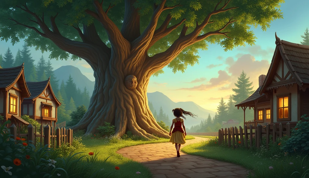A brave " with a determined look, walking towards the Magic Tree. The tree’s glow brightens as she gets closer, and the surrounding villagers watch her with a mix of excitement and concern.