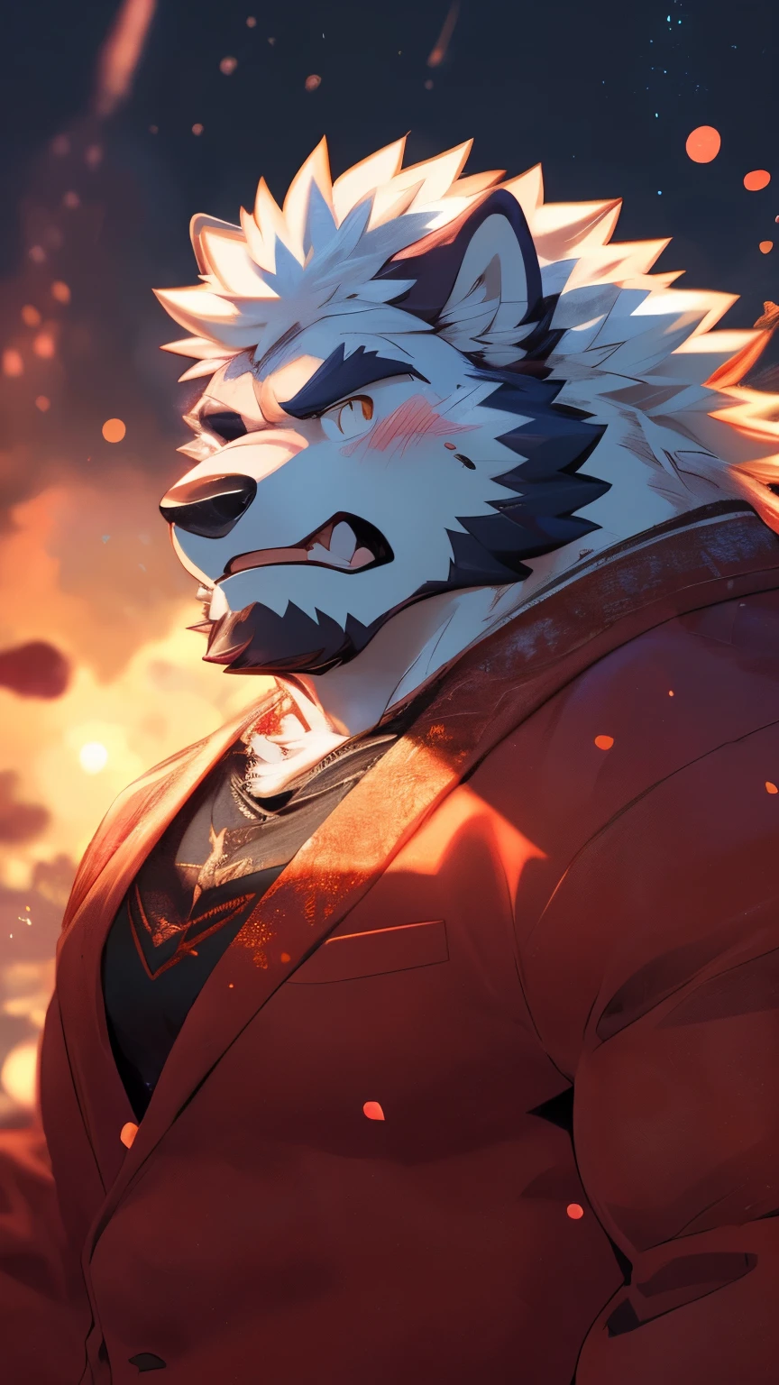 human nature, wild animals, male, 36 years old，uncle，solitary, ((Round Face, The face is plump,  Orange Eyes, Thick white hair，Scars)), ((Endomorph, Handsome，Hot Blood)), （Mecha suit，no electricity，exhausted), ((domestic white wolf, Wolf Orc) Fluffy fur, Fluffy, White Stripes),  (wolf print), Bokeh, (high quality, high resolution, masterpiece), (Dynamic Lighting, Vibrant colors), (angry，anger，blush), Detailed teeth, Full body pictures (Vision), cartoon, author：Takemoto Arashi, From Zixiong, author：Chunni, author：Ethereal，（background：Rainforest）