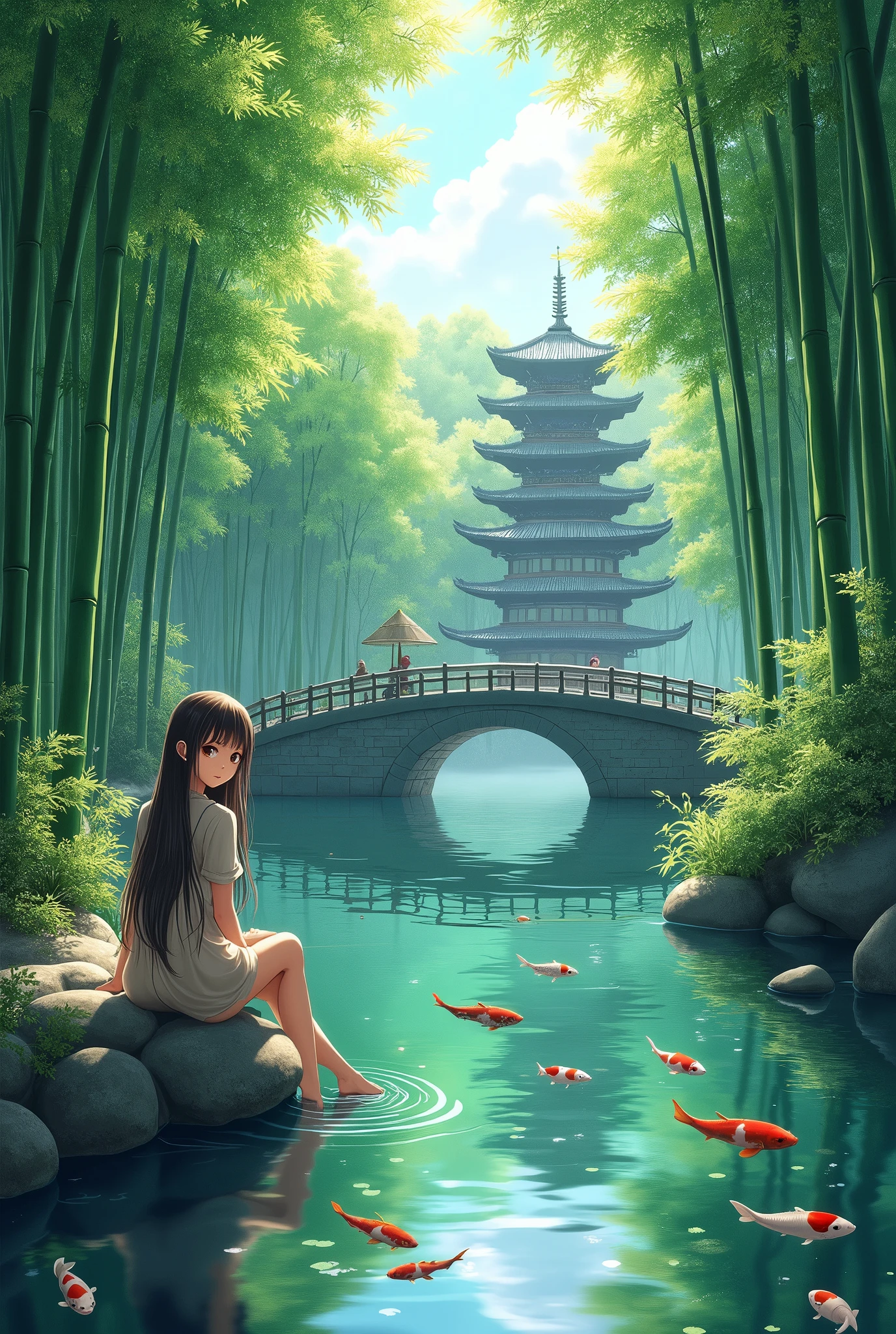 (masterpiece), (ultra-detailed), (Anime Style), bamboo forest, lush green foliage, sunlight filtering through leaves, tranquil pond, stone bridge, koi fish swimming, pagoda in the distance, girl in traditional japanese kimono seated by the pond, beautiful detailed eyes, beautiful detailed lips, extremely detailed face and skin, long flowing hair