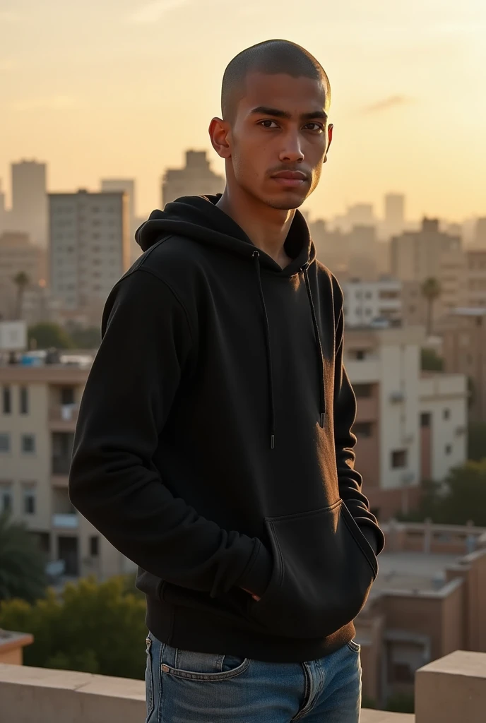Create a realistic photo of a young man of Moroccan nationality with a gaunt face, a shaved head, and black eyes., portant un sweat-shirt à capuche et un jean. Il a un air déterminé et regarde vers l'horizon de corpulence moyenne et grand