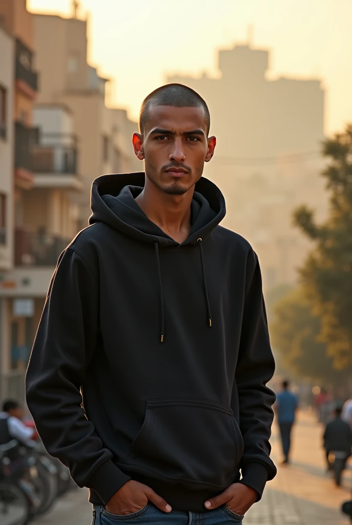Create a realistic photo of a young man of Moroccan nationality with a gaunt face, a shaved head, and black eyes., portant un sweat-shirt à capuche et un jean. Il a un air déterminé et regarde vers l'horizon de corpulence moyenne et grand 