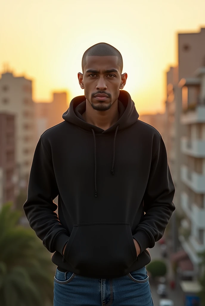 Create a realistic photo of a young man of Moroccan nationality with a gaunt face, a shaved head, and black eyes., portant un sweat-shirt à capuche et un jean. Il a un air déterminé et regarde vers l'horizon de corpulence moyenne et grand