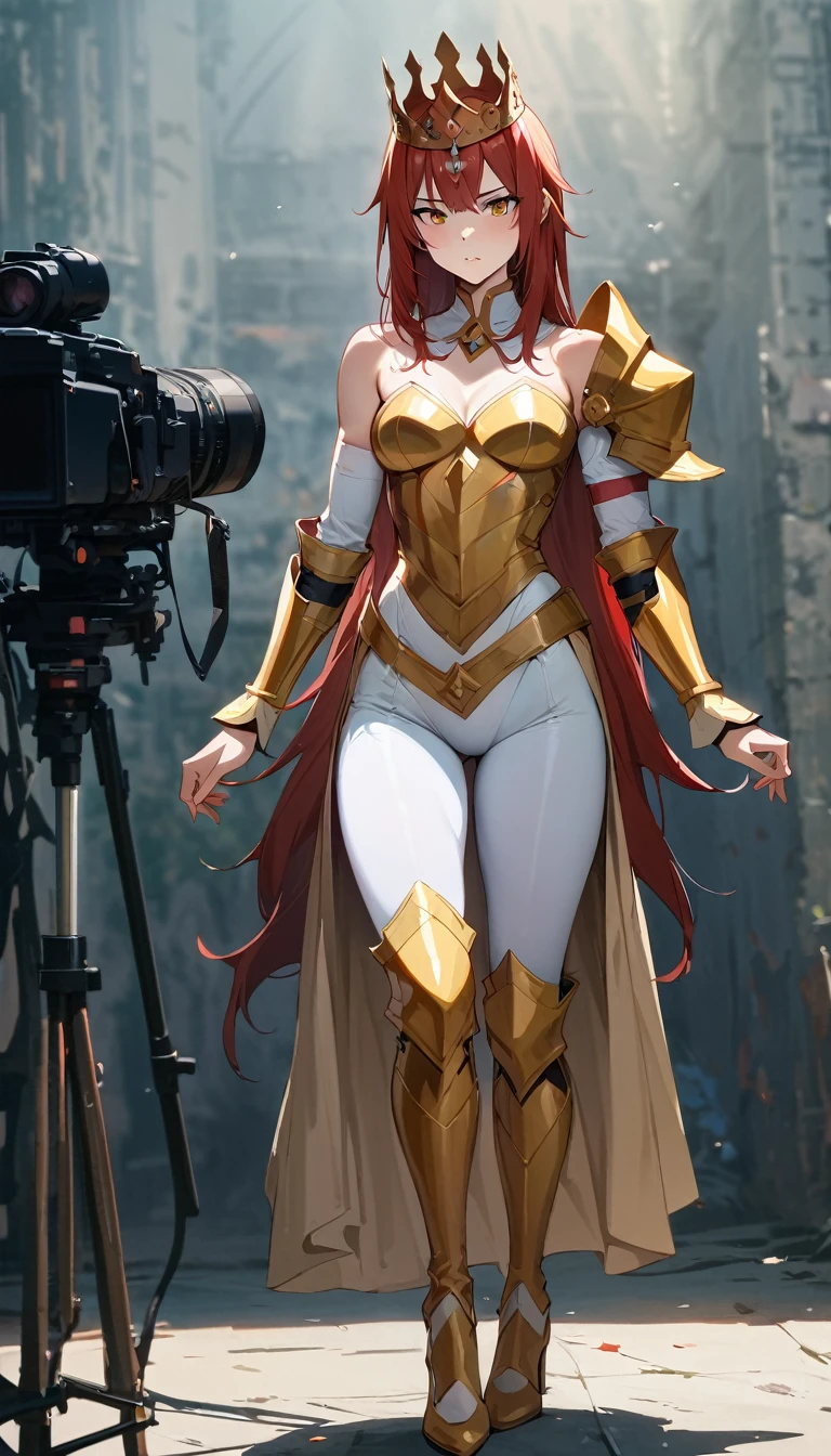 (masterpiece, best quality:1.2), 1 girl, Solitary,Standing_,,(masterpiece, best quality, Practical, high resolution, photo shoot, :1.3), run-6500-v1.1, (RAW photos:1.2), (PhotoPractical), Full body picture:A woman in a white bodysuit,Gold over-the-knee high-heeled boots,Blushing with shame, insult,Full body picture, (masterpiece:1.42),(Semi-realistic:1.3), (detailed:1.15),(Film Grain, Skin details, 4K:1), Dappled Light, Analog styleDappled Light, Analog style (View Viewer) (Texture) (Film Grain), (Surreal texture skin:1.3), Movie Lighting, Side Light, 超high resolution, Best shadow, Raw, (Hook of Holland:1.1), 令人惊叹的 TeelaQuiron 角色photo shoot, 1 Girl, (Red hair), Golden Crown, Gold Armor, Muscular legs, Abdominal muscles,
