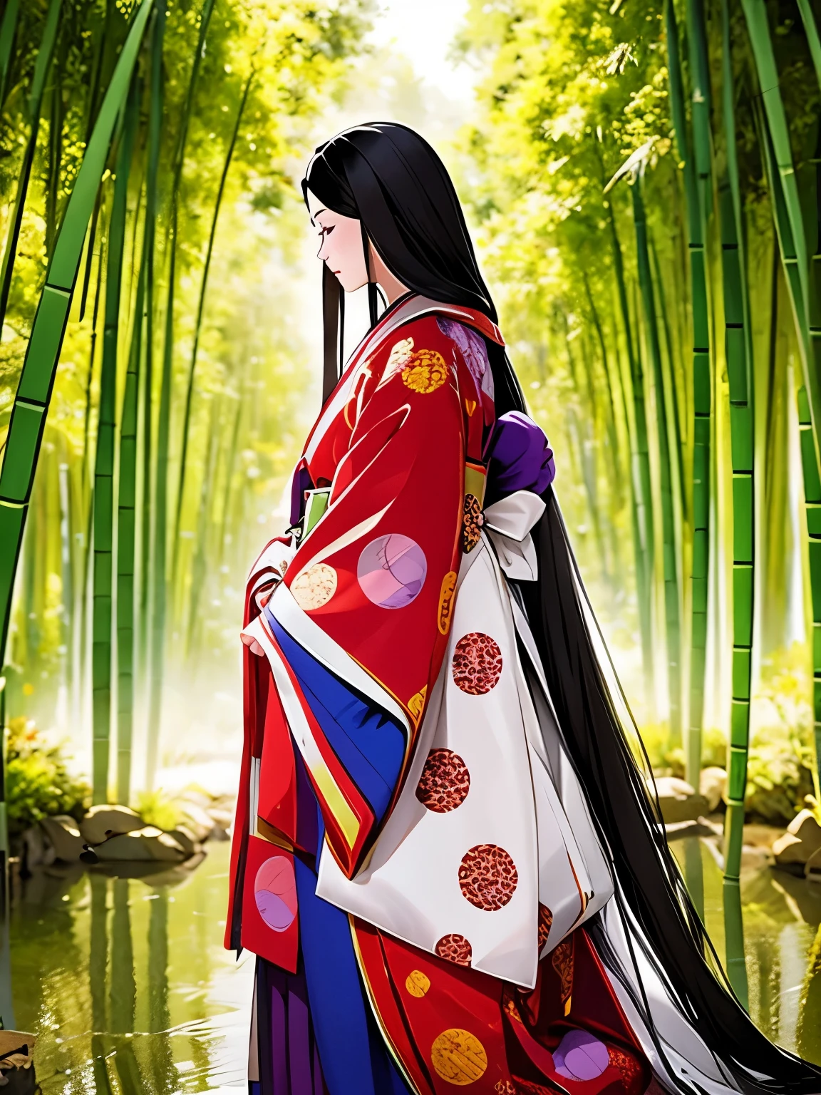 (A scene of a bamboo forest with a fantastical atmosphere;1.2)、(Bamboo forest obscured by morning mist:1.2)、(Blur the background:1.2)、 Princess Kaguya、One person, junihitoe, alone, Very long black hair, Purple and Red Tangyi, Purple and red hakama, Holding Hiogi、Sleeve Cuff Precise Depiction、(Highest quality、masterpiece)、4K、wallpaper、