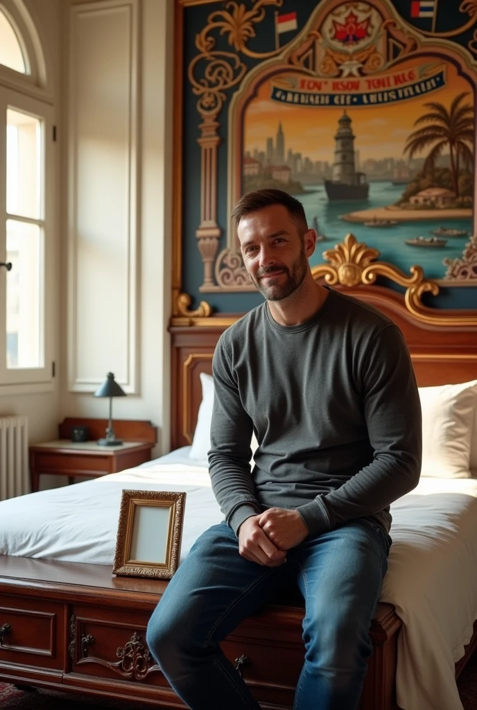 Homme caucasien grand de taille, charmant, un peu costaud, habillé en pantalon et tee-shirt manche longue, assis ou adossé sur une table dans une grande chambre d'hôtel, sur la table qu'il y ait également un papier mouchoir déjà utilisé sur la table et sur le lit de l'hôtel qu'il soit déposer un cadre photo grand ou moyen qu'il est possible de faire arrêter sur le lit et faire face à la caméra et sur le mur du chevet du lit un tableau sur lequel il est écrit en français : BIENVENUE à Melbourne AUSTRALIE et autour de la phrase qu'il y ait les emblèmes du CANADA QUÉBEC ou le drapeau du CANADA QUÉBEC