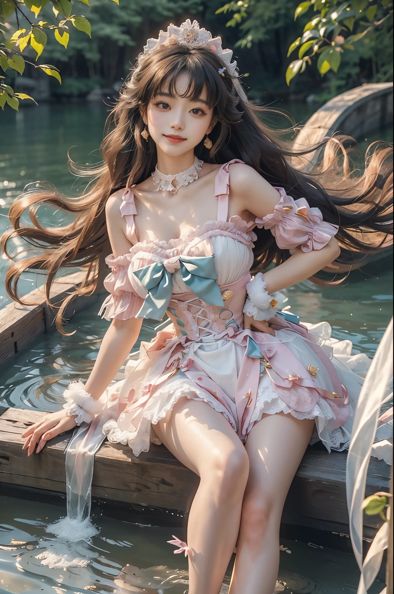 sweet_lolita a beautiful and charming woman, Elegant posture,Full breasts,Visible cleavage,Sexy long legs,Her long hair cascades down her shoulders like a waterfall。She smiles radiantly,Eyes sparkle,Her skin is flawless。Her curves are highlighted。Sparkle in the light,The colors are soft,Perhaps in shades of light pink or lavender。She stands confidently,One hand on hip,Her posture is both graceful and strong。She wears elegant high heels,Goes well with her outfit。Random scenes,In the warm golden sun。The overall atmosphere of the image is tranquil and uplifting,Emphasizing natural beauty and elegance。