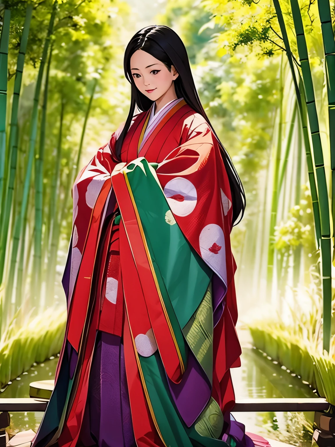 (A scene of a bamboo forest with a fantastical atmosphere;1.2)、(Bamboo forest obscured by morning mist:1.2)、(Blur the background:1.2)、 Princess Kaguya、from the front、One Girl, junihitoe, alone, Very long black hair, Purple and Red Tangyi, Purple and red hakama, Holding Hiogi、Sleeve Cuff Precise Depiction、(Highest quality、masterpiece)、4K、wallpaper、