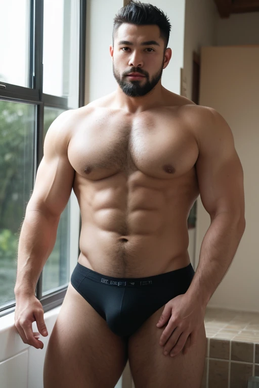 ((best quality)), ((masterpiece)), (detailed), perfect big detailed hairy plump muscle man in bath , beard, dark skin color, skinhead, Japanese men,