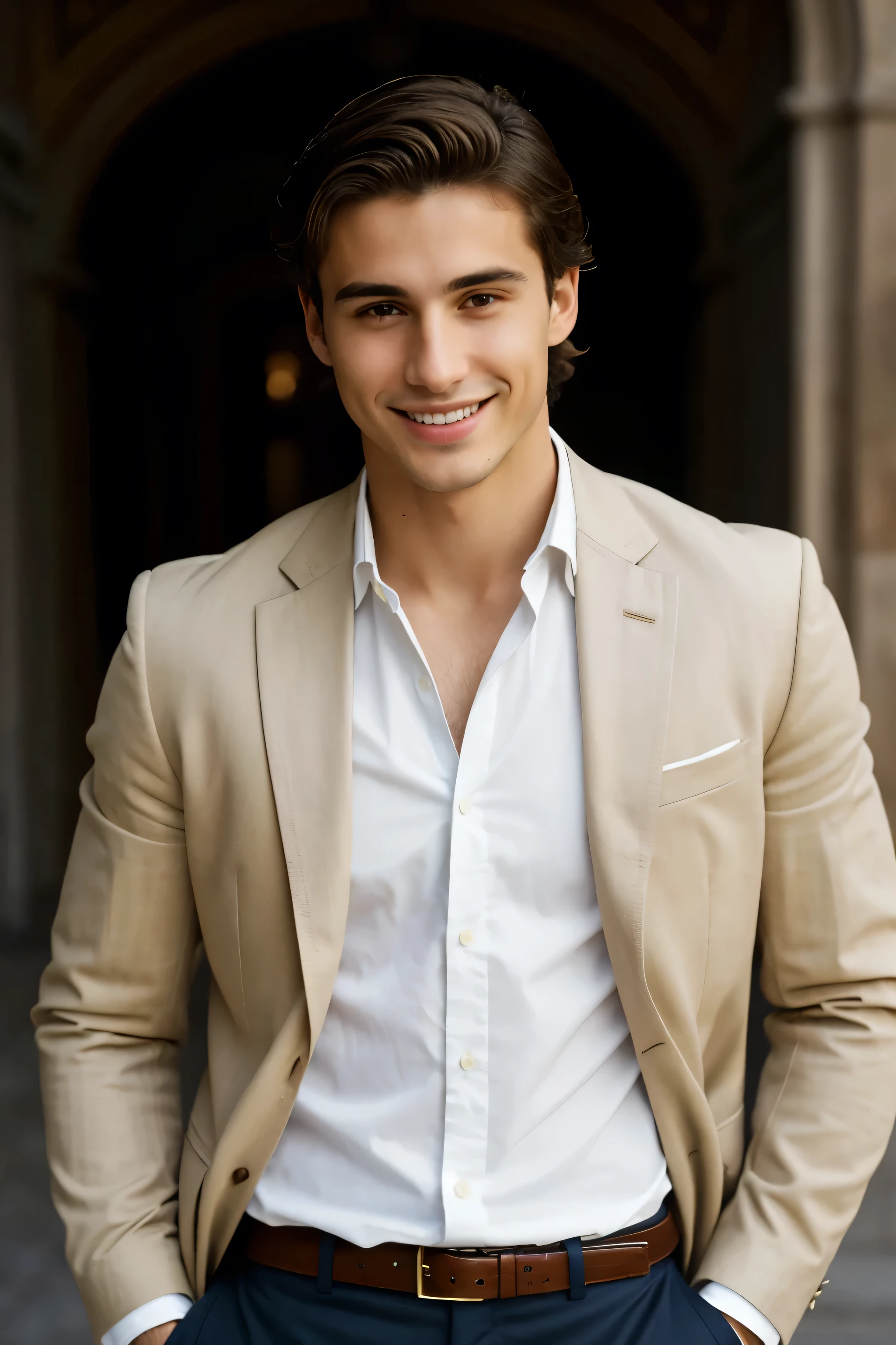 ((Best Quality)), ((Masterpiece)), (detailed) Mateo, also 24 years old, He is a young Spaniard with Italian descent. Is high, With a height of 1.85 meters, and has a robust and well-formed figure. Her skin is light with a slight golden tinge., typical of the Mediterranean region. His eyes are intense green, often filled with a mixture of seriousness and mischief. He has light brown hair, slightly wavy and usually combed back. His jaw is strong and he has a smile that can be both charming and challenging.. Mateo has a classic and neat style, preferring well-cut shirts and elegant jackets, reflecting its Italian heritage and attention to detail.