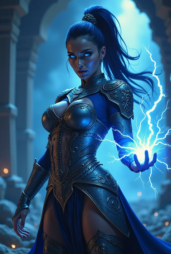 Aletta Ocean, angry evil beautiful and muscular, Nordic female, towering storm Giantess with blue black hair in a ponytail, older and mature woman, throwing a lightning ball, celtic glowing tattoos, wearing nordic steel runic plate mail Armour , temple cave background with lightning storm, glowing blue eyes, square jaw, powerful and imposing, winter clothing, pale blue purple skin, ((full plate celtic dragon armour)), nordic tattoos, fit bodybuilder
