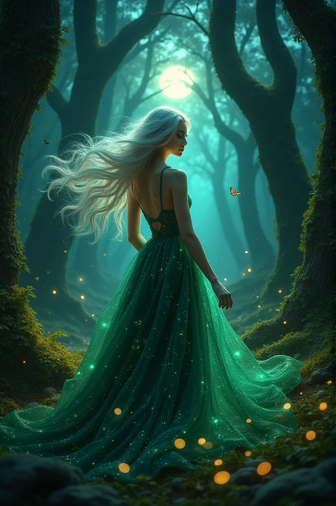 Femme mystique forêt nuit papillon de nuit feu follet lueurs
