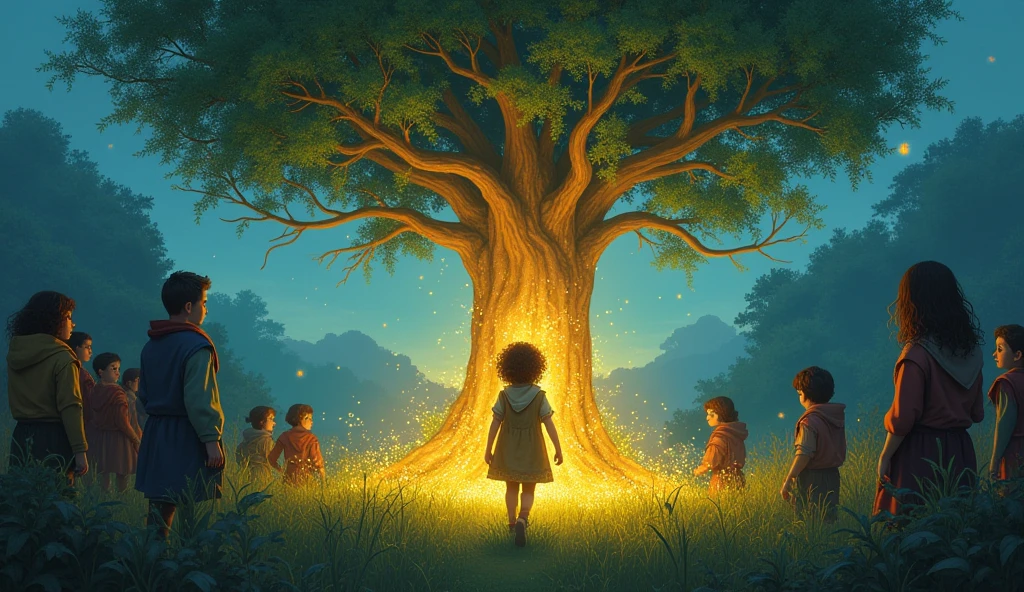 A brave "little" girl with a determined look, walking towards the Magic Tree. The tree’s glow brightens as she gets closer, and the surrounding villagers watch her with a mix of excitement and concern.
I dont want the face on the tree