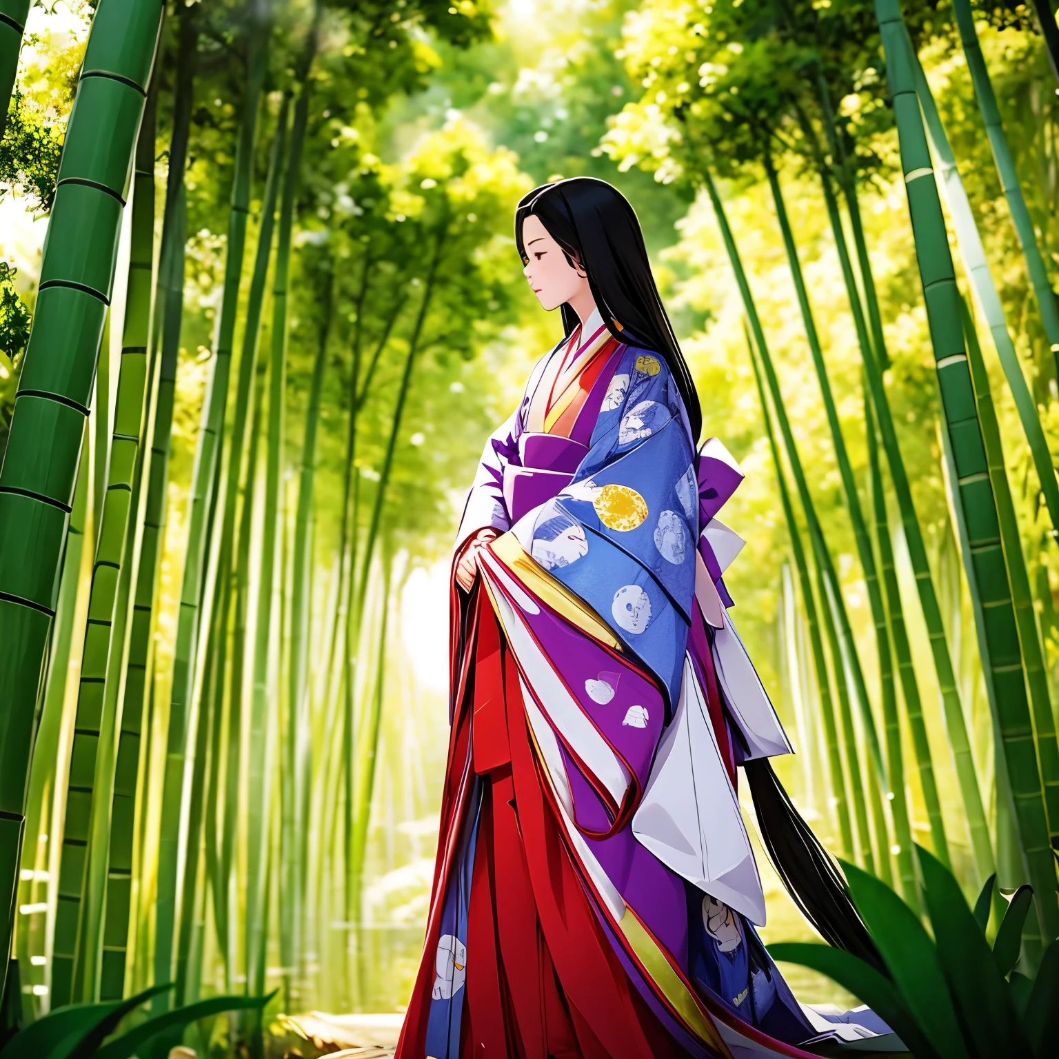 (A scene of a bamboo forest with a fantastical atmosphere;1.2)、(Bamboo forest obscured by morning mist:1.2)、(Blur the background:1.2)、 Princess Kaguya、from the front、One Girl, junihitoe, alone, Very long black hair, Purple and Red Tangyi, Purple and red hakama, Holding Hiogi、Sleeve Cuff Precise Depiction、(Highest quality、masterpiece)、4K、wallpaper、