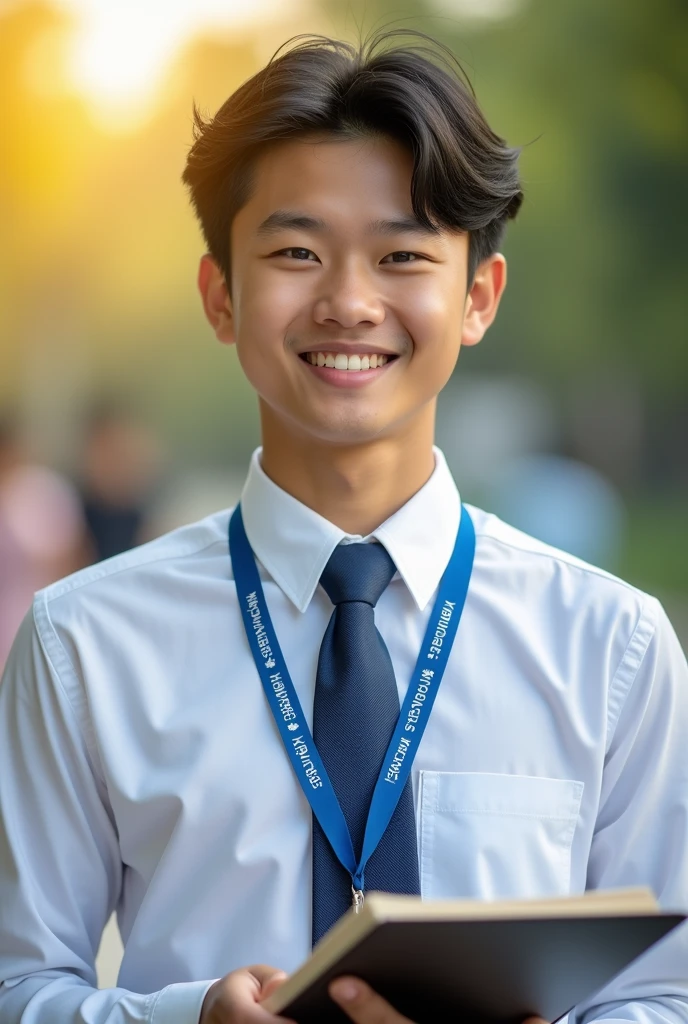 (Masterpiece),(complication:1.3),(The most realistic),((not revealing or provocative)),(Dress appropriately and neatly.),(A student), Portrait of a man, 18 years old, beautiful face, Handsome Thai face ,black hair,smiling and happy, holding a notebook, Thai person ((wearing a white long-sleeved collared shirt)), (Wear a blue lanyard with white lettering that says "kalasin Vacational School"),(Wear a blue tie), Dressed simply,warm light, weak sunlight, Photo shows only half of the body ,professional photographer for detailed photos, Have clarity, dramatic, Awarded first prize, Cinematic lighting, (film grain,A blurry background, Blurred background, bokeh, depth of fied),(Children under 18 years old can watch.)