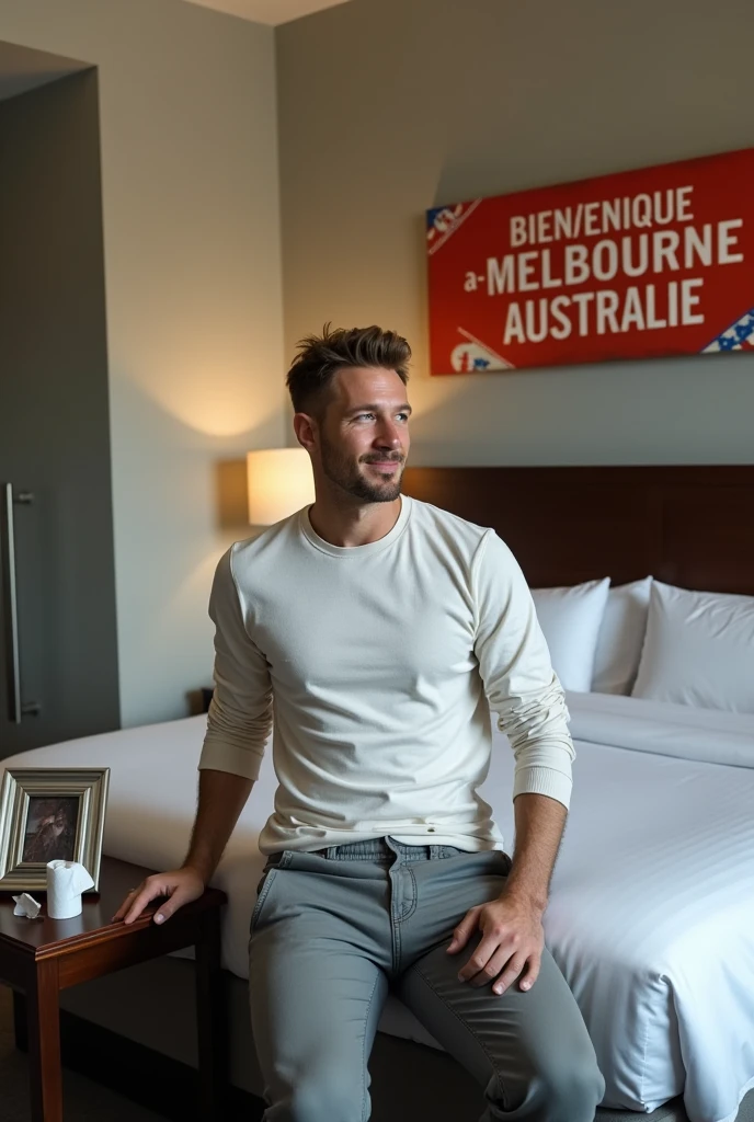 Homme caucasien grand de taille, charmant, un peu costaud, habillé en pantalon et tee-shirt manche longue, assis ou adossé sur une table dans une grande chambre d'hôtel, sur la table qu'il y ait également un papier mouchoir déjà utilisé sur la table et sur le lit de l'hôtel qu'il soit déposer un cadre photo grand ou moyen qu'il est possible de faire arrêter sur le lit et faire face à la caméra et sur le mur du chevet du lit un tableau sur lequel il est écrit en français : BIENVENUE à Melbourne AUSTRALIE et autour de la phrase qu'il y ait les emblèmes du CANADA QUÉBEC ou le drapeau du CANADA QUÉBEC