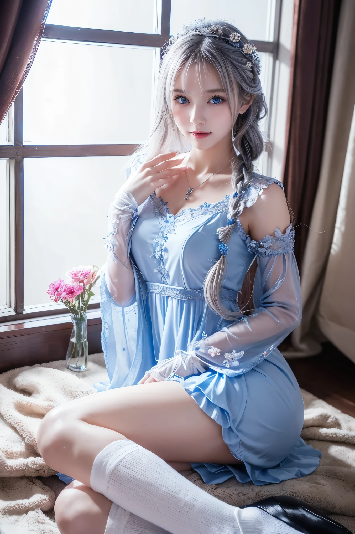 (Image above),Dynamic Angle,Very detailed, shape, straight, 1 person, (Fantasy:1.4), (Bright Blue Eyes:1.233),Her eyes shone like dream-like stars,(Glowing Eyes:1.233),(Beautiful and delicate eyes:1.1),(Silver Hair:1.14),(Messy Hair,Very long hair,French Braid,Hair between the eyes,Side Lock), (+(flower:1.14)),(Chiffon dress,青いflower柄)/=(uniform:1.24),(Do not use sleeves,Wide sleeves),(gloves),necklace,(Micony high socks),High heel boots,(Embarrassing),(obstinacy), (Located in a white old palace、Classic princess bedroom with vanity and French windows),(白いflower,bloom),(Dull Blue World Tree:1.14),(what&#39;Left behind),(night:1.2),dream-like,soul,(fluorescence), [[Thin fingers and hands:0.55]::0.85],(Finger details),(Soup Packet:0.5)、beret、Lady、18-year-old、Large Breasts, Highest quality, Very detailedな, Beautiful lighting, Beautiful views, Mild hot flashes, smile, ((masterpiece)), (anime:1.5), ((Highest quality)), (RAW Photos: 1.2), (Professional photography:1.2), whole body, 8k, From the side, Wide Shot,