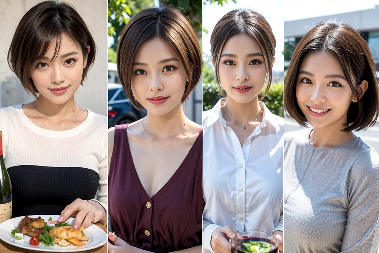 (Realistic:1.1),(masterpiece,Highest quality),8k,(49 years old), 53 years old, slimカップル、Tight waist,Upper Body,full-course dinner、wine 、Amazing view of the sunset sky and clouds、Perfect Anatomy, Brown Hair, short hair,Random Hairstyles,((Highly detailed face and eyes:1.2)),Perfect golden ratio face,Long sleeve shirt、dress,(smile:1.2)、Shortcuts、cute、(Realistic, Intricate details:1.2), A bright smile、short hair,Bright Face、赤wine 、Appetizers、Italian food、wine bottle、Champagne、スパークリングwine、(slimな顔), (The body is slim), (Brown Hair), (Shortcuts), Upper Body, 白wine, slim, wineグラス,