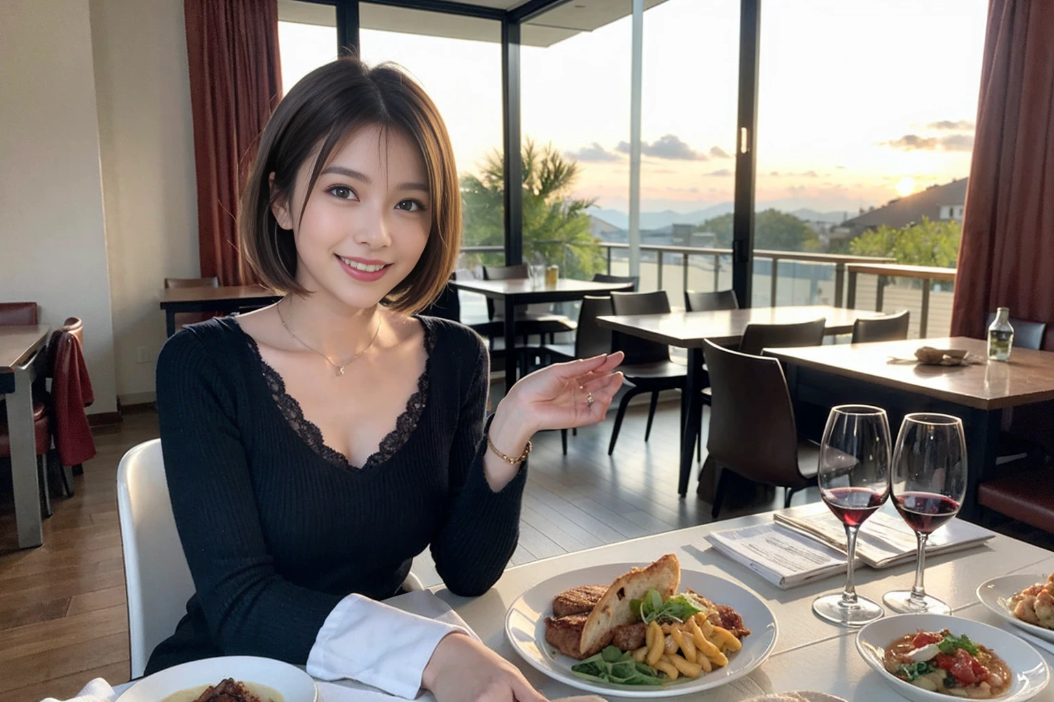 （Realistic:1.1）,(masterpiece,Highest quality)，8k,(56 years old), 53 years old, ベリーslimボディ、slimカップル、Tight waist,Upper Body,full-course dinner、wine 、Amazing view of the sunset sky and clouds、Perfect Anatomy, Brown Hair, short hair,Random Hairstyles,((Highly detailed face and eyes:1.2))，Perfect golden ratio face，Long sleeve shirt、dress,(smile:1.2)、Shortcuts、cute、(Realistic, Intricate details:1.2), A bright smile、short hair,Bright Face、赤wine 、Appetizers、Italian food、wine bottle、Champagne、スパークリングwine、(slimな顔), (The body is slim), (Brown Hair), (Shortcuts),  Upper Body, 白wine, slim, wineグラス, 