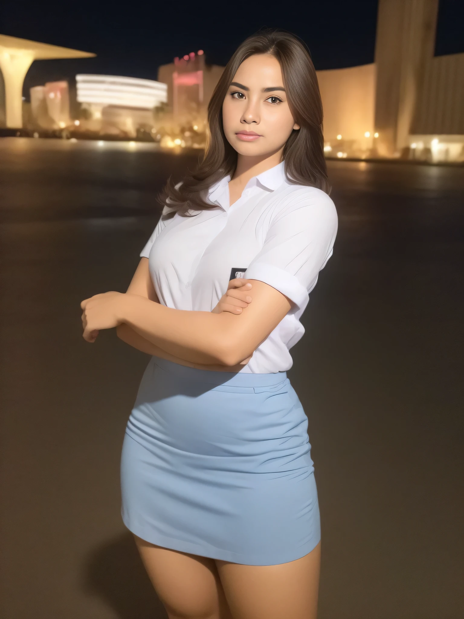 1girl, (uniform), standing, outdoors, night view, detailed Metropolitan city at the background, (zoom out: 1.4), detailed face, cute angry face, detailed eyes, medium large breasts, six pack abs, smooth realistic skin, semi-curvy body, white shirt, grey blue short skirt, looking at the audience, (8k, RAW photo, best quality, masterpiece: 1.2), (realistic, realistic: 1.37), ultra-high resolution
