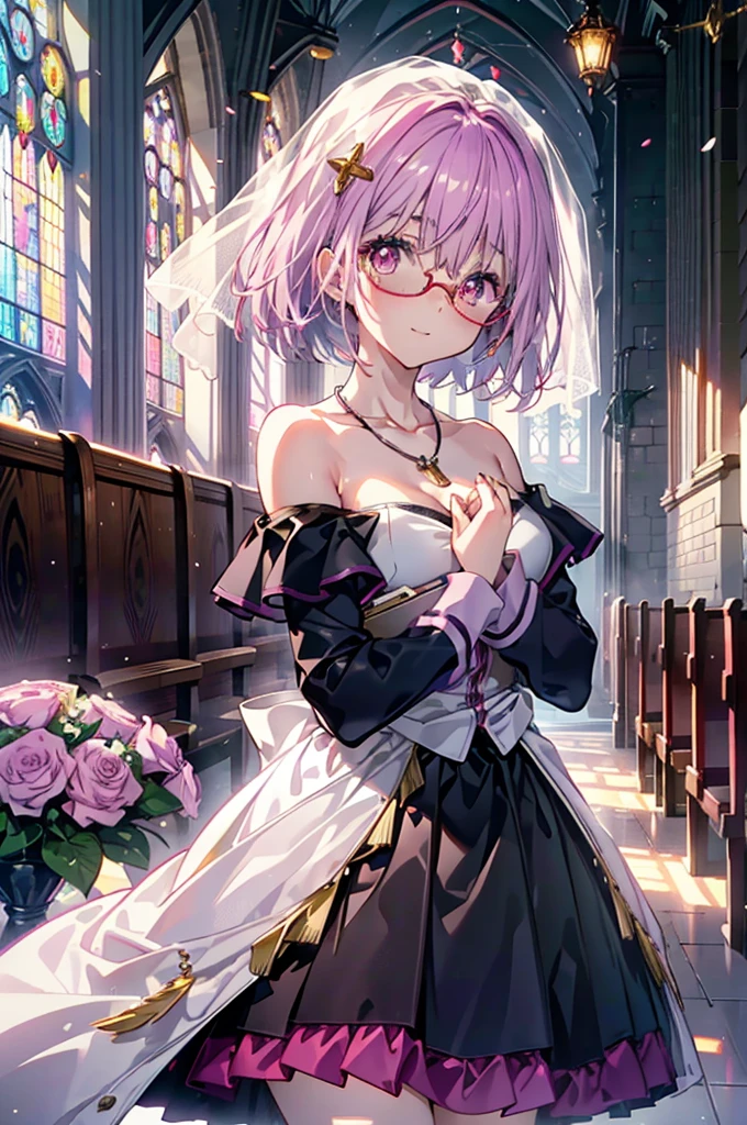 akaneshinjou, shinjou akane, Light purple hair, (Pink Eyes:1.2), short hair,smile,Red-rimmed glasses,blush,Off-shoulder wedding dress wedding long skirt,,necklace,Veil,Holding a bouquet of flowers with both hands,　　　　　　　　　 
 break looking at viewer, whole body,(Cowboy Shot:1. 5) 　　　　　　　　　　　　　　　　　　　break indoors, Chapel,church, 　　　　　　　　　　　break (masterpiece:1.2), Highest quality, High resolution, unity 8k wallpaper, (shape:0.8), (Beautiful attention to detail:1.6), Highly detailed face, Perfect lighting, Highly detailed CG, (Perfect hands, Perfect Anatomy),