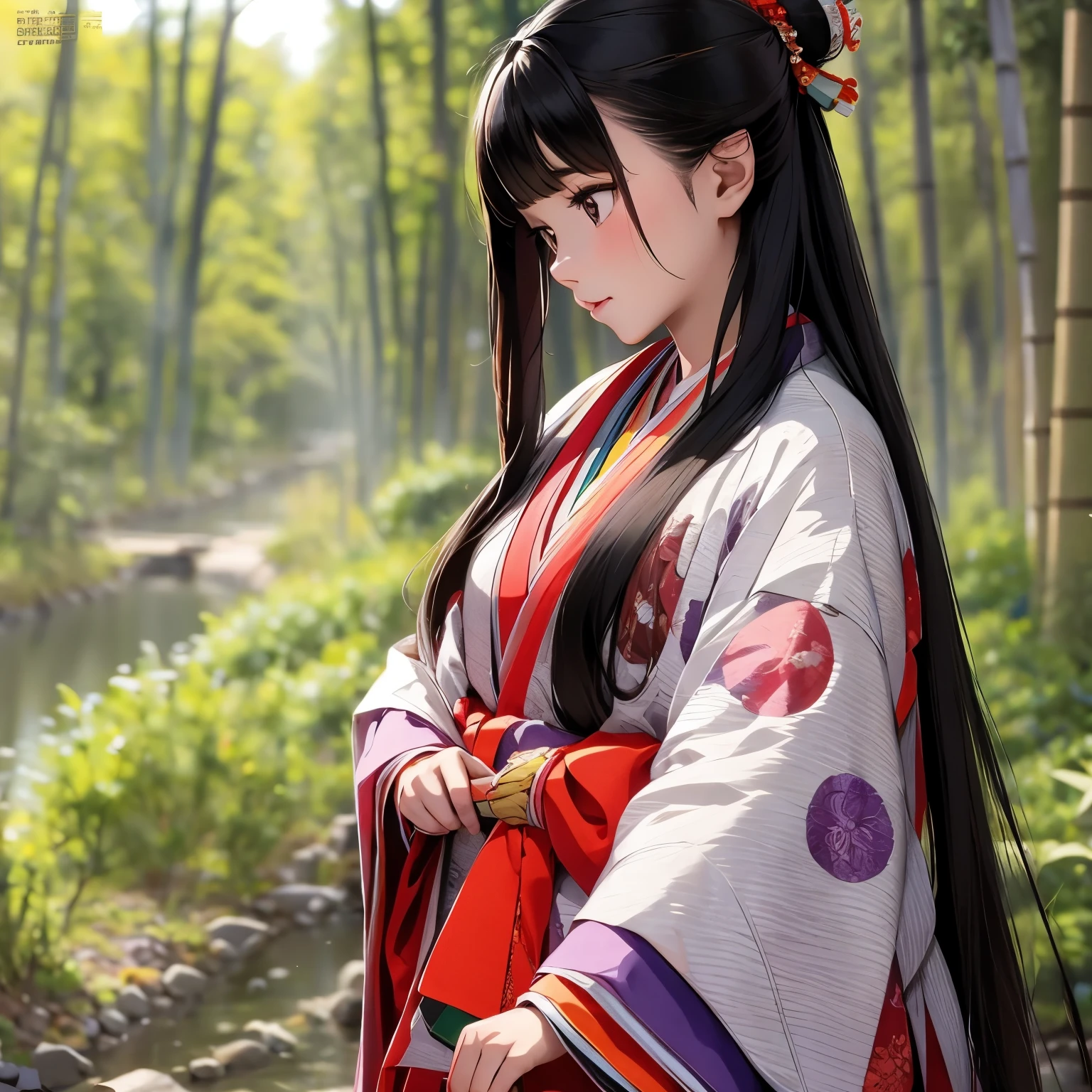 (A scene of a bamboo forest with a fantastical atmosphere;1.2)、(Bamboo forest obscured by morning mist:1.2)、(Blur the background:1.2)、 Princess Kaguya、from the front、One Girl, junihitoe, alone, Very long black hair, Purple and Red Tangyi, Purple and red hakama, Holding Hiogi、Sleeve Cuff Precise Depiction、(Highest quality、masterpiece)、4K、wallpaper、