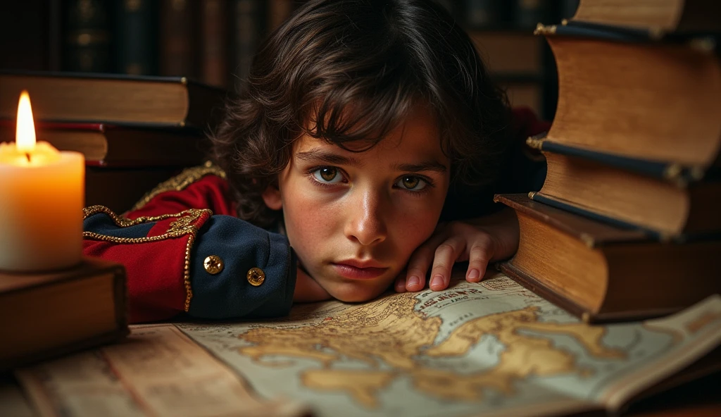A close-up of young Napoleon, with determined eyes, surrounded by ancient books and military maps, symbolizing his early interest in warfare."