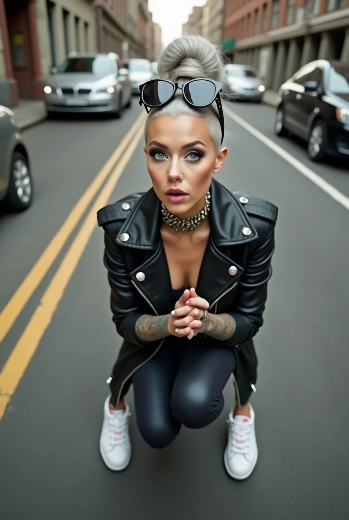 russian old milf woman, grey hair (huge top bun with shaved sides) and sunglasses as headband (big maxi glasses), with very light blue eyes, extremely pale. Wearing cropped black moto jacket, black bra, black skinny leggings and white tennis sneakers . Lots of metallic bracelets and collars. Tacky leather belt with oversized buckle. Long tacky earrings. Kneeling in a payer, looking up, chin up, eyes and mouth wide open in amazement. Hands in prayer position .Looking at the camera in amazement, toned abdominals, thin legs and thin arms. tattoed