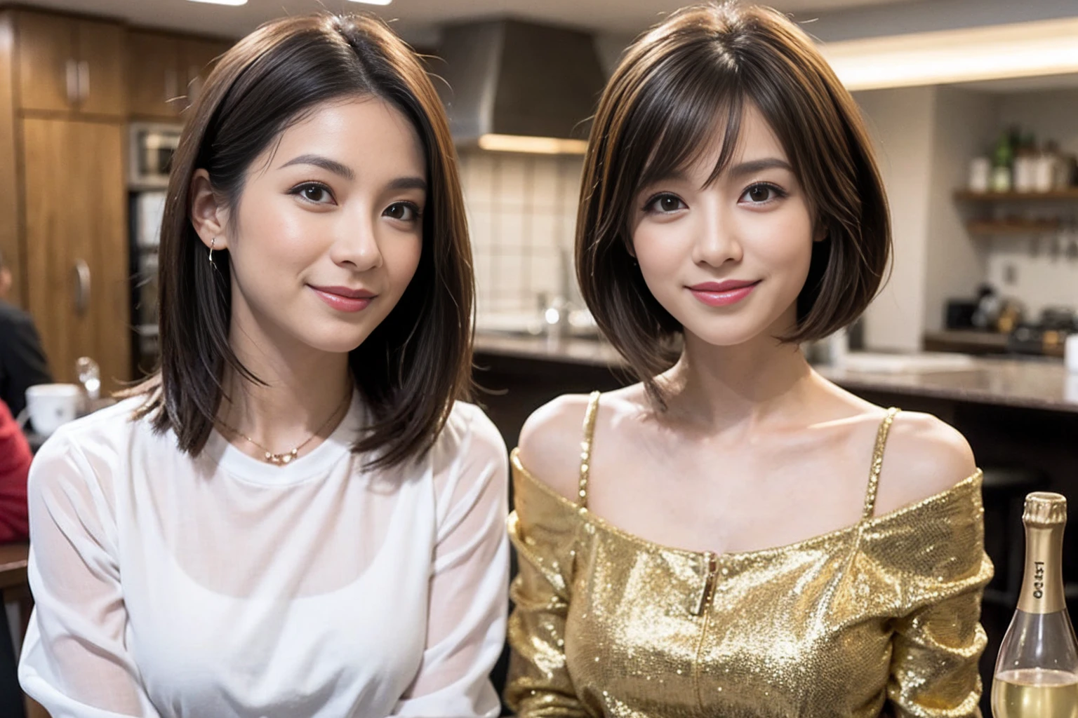 Two young women standing side by side、Light brown hair、Short Haircut、、ear piercing、Necklace around the neck、blouse、Closed Mouth Smile、Intricate details, Very detailed:1.2), 、 Looking into the camera,The background is the office