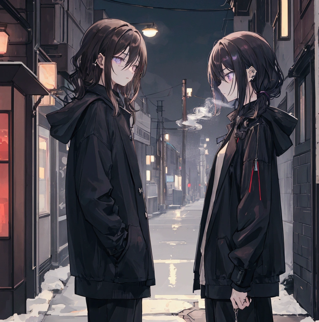 Generate an anime-style digital artwork featuring a melancholic young couple standing face-to-face in a moody, urban night setting. The female character, who is shorter than her male partner, has long, black or brown hair cascading down her back. She has piercing eyes and a tired expression, reflecting deep emotional weariness. A cigarette dangles from her lips, with wisps of smoke curling around her face, adding to the mysterious atmosphere. She wears a black top partially covered by a light jacket. The male character, standing directly in front of her, has short, black or brown hair that’s slightly tousled, with a rugged yet handsome appearance. His expression is calm but carries a hint of sadness, mirroring the emotional depth of his partner. He wears a simple dark shirt and jacket. Both characters are facing each other, slightly angled away from the camera, with their eyes locked onto each other, conveying a deep, intimate connection. The angle suggests that the viewer is observing a private, intense moment between them, where their bond is clear yet unspoken. The background is a dimly lit alleyway or an urban street at night, bathed in the faint glow of distant streetlights or neon signs. Deep shadows cast by the sparse lighting enhance the mood, creating a sense of solitude, introspection, and quiet defiance. The overall atmosphere should convey the feeling of two souls bound by shared experiences, standing together against a backdrop of a cold, indifferent cityscape. The color palette should be cool, dominated by blues, purples, and dark tones, with occasional warm highlights from the streetlights or cigarette embers. Ensure both characters are the focus, with the setting complementing their emotional state, creating a harmonious yet haunting scene that captures the essence of their bond and the loneliness of the urban night