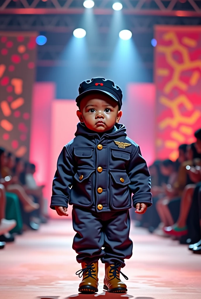 Cute brown baby wearing navy camouflage uniform in full body realistic style fashion show