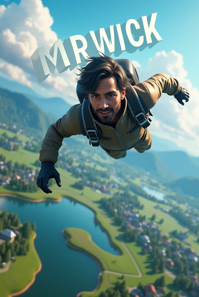 A 30year old man name MR WICK is flying in bgmi livik map with his name on top