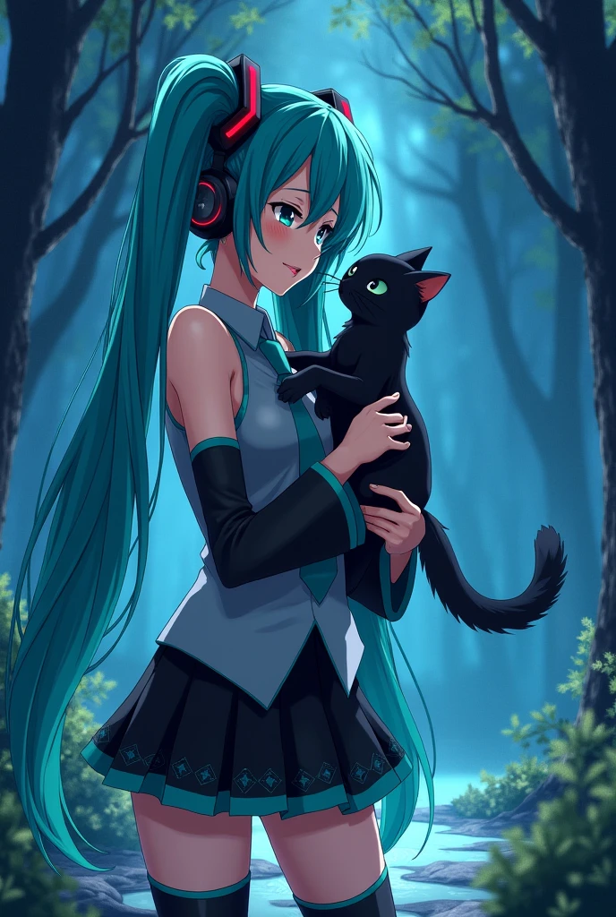 Anime art, anime style, detailed drawing, beautiful forest background background, high definition, high quality, one girl, solo, Hatsune Miku, aqua hair, twin tails, headphones, small number tattoo "01" (red, located on her right hand), grey sleeveless collared shirt, black detached sleeves with aqua lines, five fingers with aqua nails, aqua necktie, black pleated mini skirt with aqua lines, zettai ryouiki, thigh-high black boots with aqua lines.
Get example from this image: https://vocaloidespanol.fandom.com/es/wiki/Hatsune_Miku?file=Hatsune_Miku.png
Miku Hatsune hugging a black cat in the night; there is witch woman following her behind