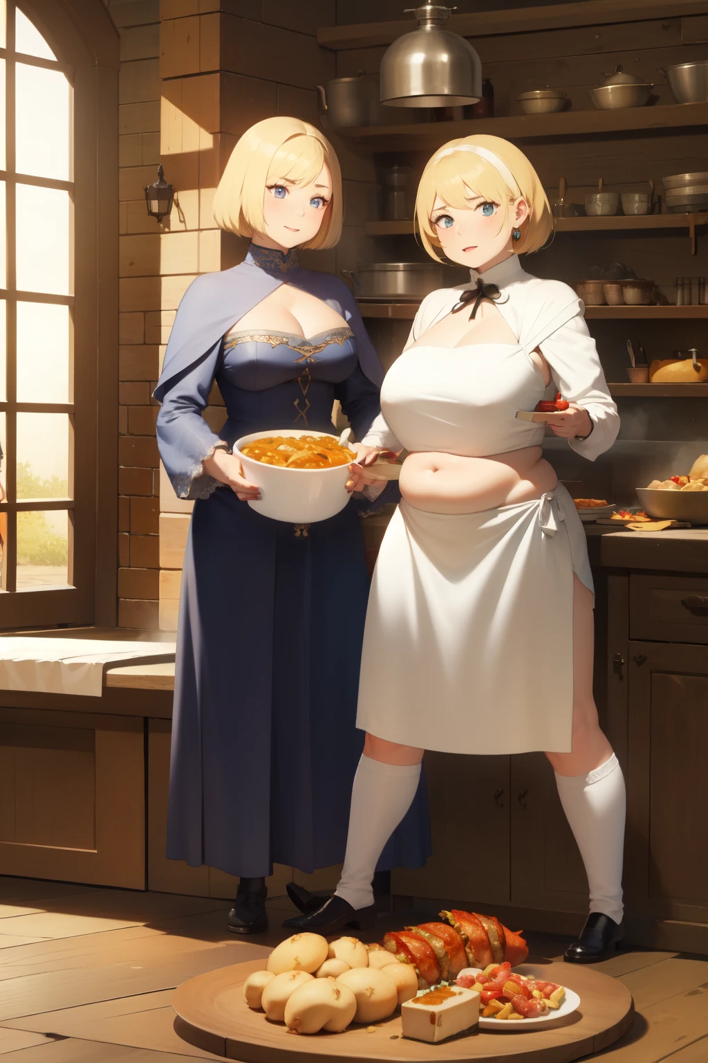 medieval clothes, two 2 girl, girl royal taster with blonde hair have a little bit chubby belly, noble fat girl cooking food, medieval kitchen, dark fantasy
