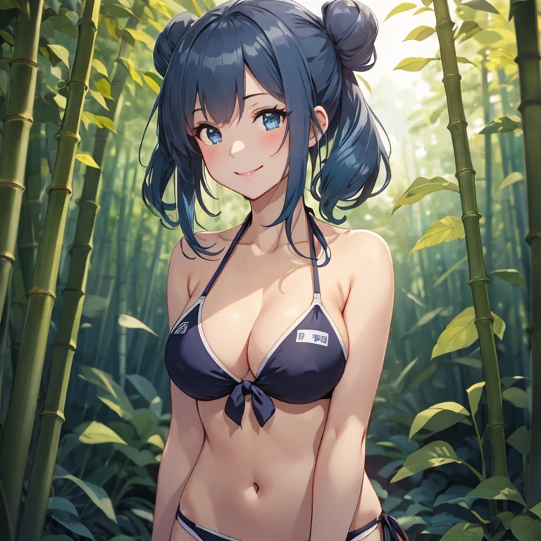 urakaze_kantaicollection,
(blue_hair:1.4), hair_bun, double_bun, blue_eyes, breasts, long_hair, large_breasts,
,(masterpiece:1.4),(best quality:1.4), (premium:1.4), (great illustration:1.4), (ultra-detailed:1.4),(art CG, 8K),1girl solo, KonishiCSA,
(bikini:1.4),Bamboo Forest,blush,smile,
